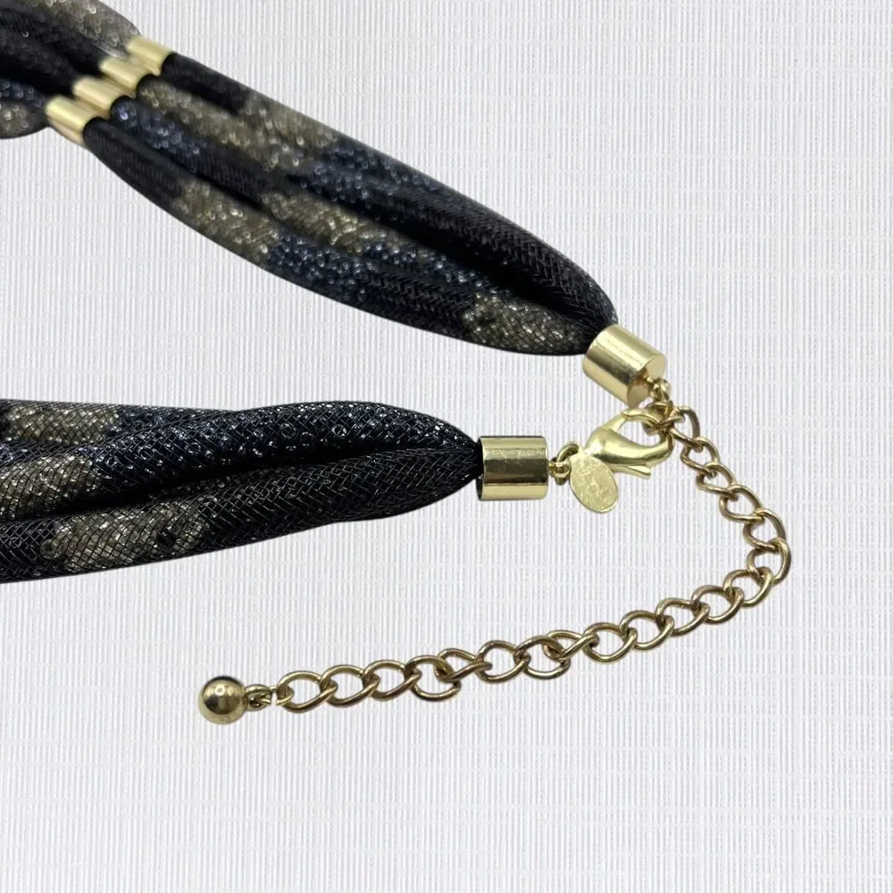 Chicos Chunky Statement Necklace Gold Tone Black Blue Mesh Tube Tiered Layered